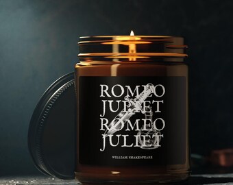 Vela de Shakespeare, velas de cera de soja con aroma personalizado de Romeo y Julieta, vela literaria, regalo literario, vela de biblioteca, regalo para amantes de los libros