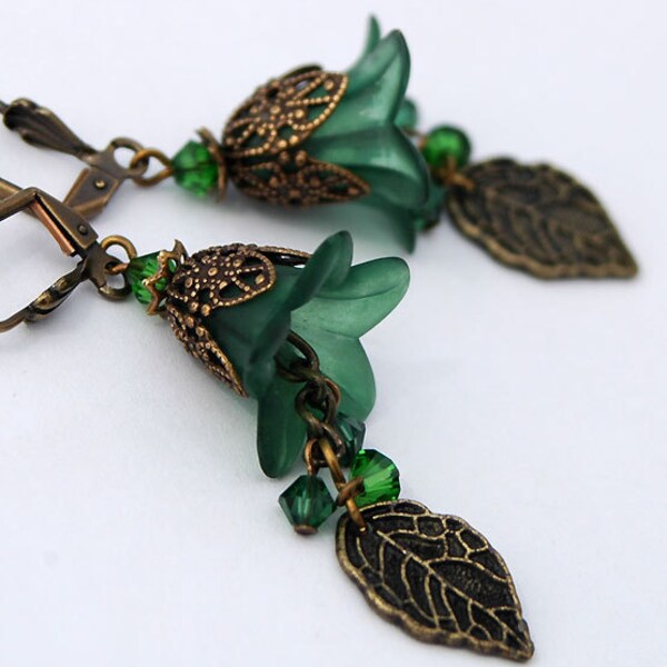 Forest Green Frosted Lilies, Leaf Charm Earrings with Ornate Brass, Swarovski Crystals