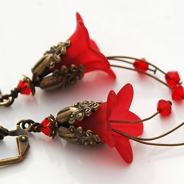 Christmas Red, Ornate Brass, Crystal Floral Earrings