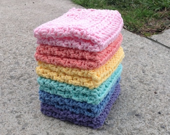 Crochet Rainbow Dishcloth, Washcloth, Handmade Wash Rag, Extra Large Size, Set of 6 Kitchen Dish Cloths, Pastels, Ultimate Stack, Large Set