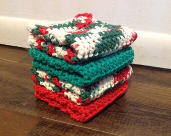 Crochet Dish Cloths, Set of 4, Extra Large Size, The Christmas Stack, Farmhouse Style, Kitchen Linens, Dish Wash Cloth, Cotton