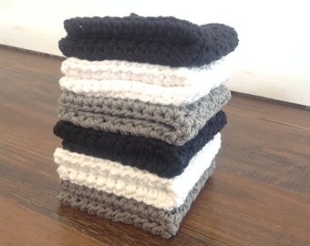 Crochet Dishcloth, Washcloth, Handmade Wash Rag, Set of 6 Kitchen Dish Cloths, Extra large size, Blacks and Whites Color, Farmhouse Style