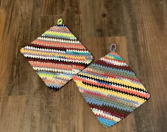 Crochet Hot Pads, Variegated Pot Holders, Crochet Pot Holders , Fiesta Colors, Trivet, Housewarming Gift, Kitchen Gift, Hand Crochet, Stripe