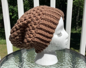 Ribbed Puff Stitch Slouchy Hat, Vixen Beanie, Adult Size, Winter Hat, Fall Hat, Dread Hat, Cafe brown