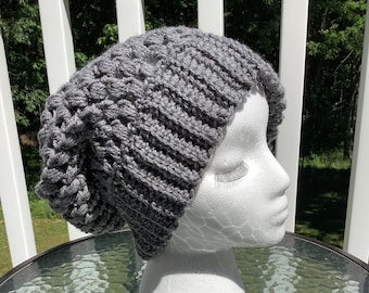 Ribbed Puff Stitch Slouchy Hat, Vixen Beanie, Adult Size, Winter Hat, Fall Hat, Dread Hat, Gray