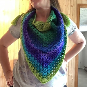 May include: A handmade crochet shawl in shades of green, blue, and purple. The triangular shawl features a textured stitch pattern and is accented with green tassels at the ends. The shawl is designed to be worn around the neck and shoulders.