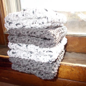 Crochet Dishcloth, Washcloth, Handmade Wash Rag, Set of 4 Kitchen Dish Cloths, Extra large size, Gray and Whites Color, Farmhouse style image 2