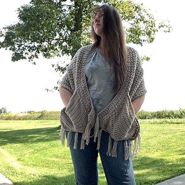 Pocket Shawl, Crochet Shawl, Ready to ship, Wrap, Tan, Fall Wear, Prayer Shawl, Reading, Chill Breaker