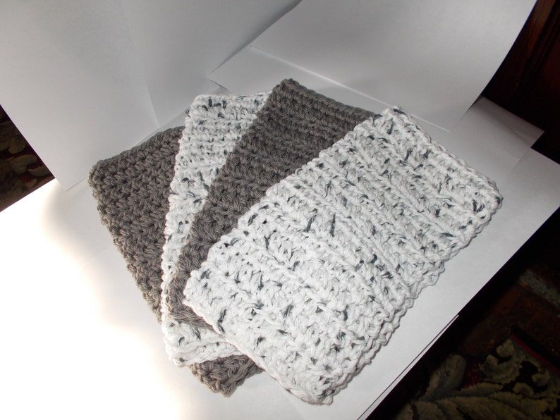 Crochet Dishcloth, Washcloth, Handmade Wash Rag, Set of 4 Kitchen Dish Cloths, Extra large size, Gray and Whites Color, Farmhouse style image 5