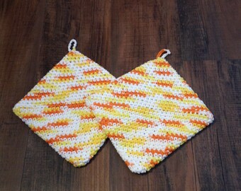 Crochet Hot Pads, Variegated Pot Holders, Crochet Pot Holders , Orange and yellow, Trivet, Housewarming Gift, Kitchen Gift, Hand Crochet
