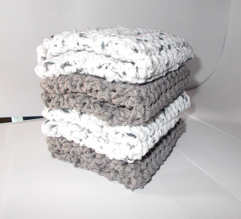 Crochet Dishcloth, Washcloth, Handmade Wash Rag, Set of 4 Kitchen Dish Cloths, Extra large size, Gray and Whites Color, Farmhouse style image 1