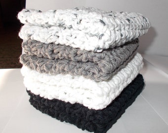 Crochet Dishcloth, Washcloth, Handmade Wash Rag, Set of 4 Kitchen Dish Cloths, Extra large size, Blacks and Whites Color, Farmhouse Style