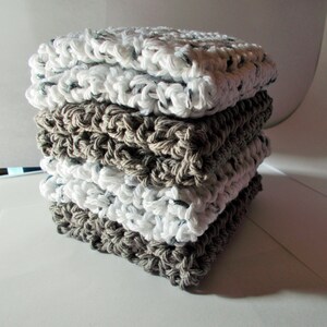 Crochet Dishcloth, Washcloth, Handmade Wash Rag, Set of 4 Kitchen Dish Cloths, Extra large size, Gray and Whites Color, Farmhouse style image 3