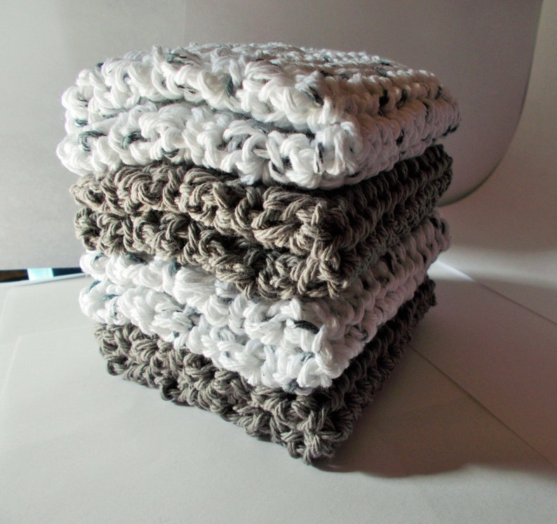 Crochet Dishcloth, Washcloth, Handmade Wash Rag, Set of 4 Kitchen Dish Cloths, Extra large size, Gray and Whites Color, Farmhouse style image 3