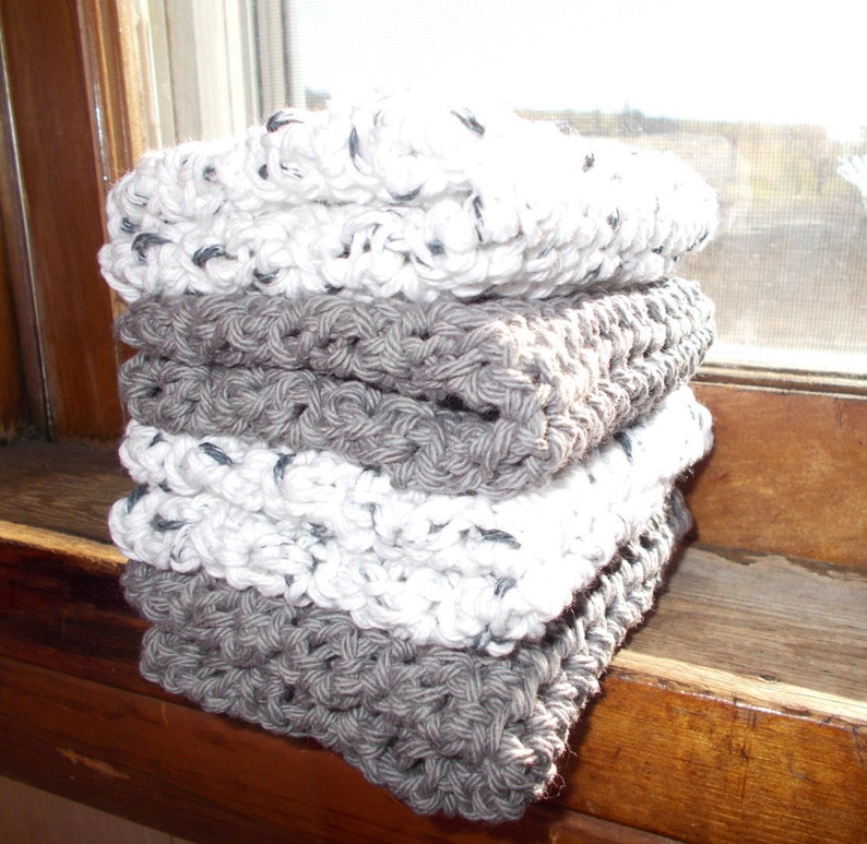 Crochet Dishcloth, Washcloth, Handmade Wash Rag, Set of 4 Kitchen Dish Cloths, Extra large size, Gray and Whites Color, Farmhouse style image 4