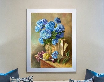 Flowers painting ~ Blue hydrangeas ~ Oil painting ~ Handmade ~ Home design