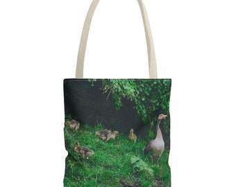 Adorable Totebag: Sheltered Security - A Mother Goose and Her Young in Nature