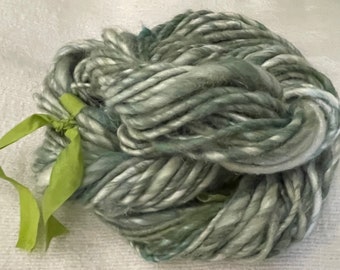 Hand Spun Single Ply Green White Yarn