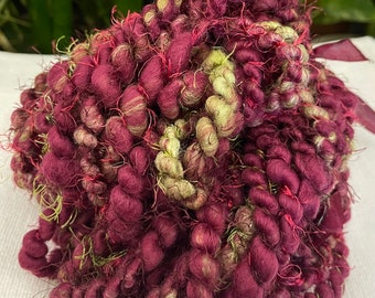 Hand Spun 2 Ply Spiral Ply Wine Burgundy Green Art Yarn