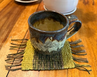 Pair of Hand Woven Mug Rugs Coasters Gold Green Rose Set of Two