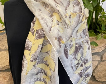 Eco Dyed Botanical Print White Purple Yellow Pomegranate Rose Leaves Silk Scarf