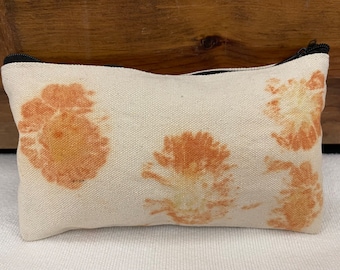 Eco Dyed Botanical Natural Print Cotton Canvas Zipper Pouch Bag Coreopsis Orange Flower