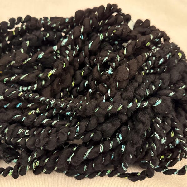 Hand Spun Black Metallic Aqua Blue Green Art Yarn