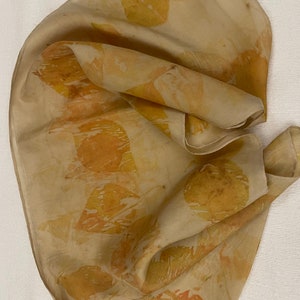 Eco Dyed Botanical Print Tan Gold Peach Orange Eucalyptus Leaf Silk Scarf