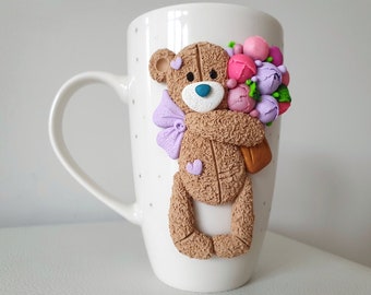 White Coffee Cup with 3D Bear, Ceramic Mug with Polymer Clay Decoration, Handmade Personalized Gift with Flowers, Peonies for Mother's Day