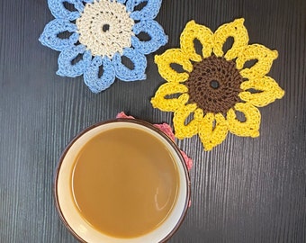 Sunflower crochet, Flower coaster, Handmade Gift , Personalized Item , Applique , Crochet Home Decor , Embelishment