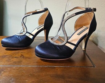 Erijunor Womens Low Heel Rhinestone Ankle Strap Satin Bridal Pumps Shoes Navy Size 6