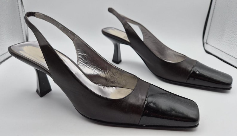 Vintage Bruno Magli Copland Black/Brown Patent Leather Slingback Heels Size 8C Bild 1