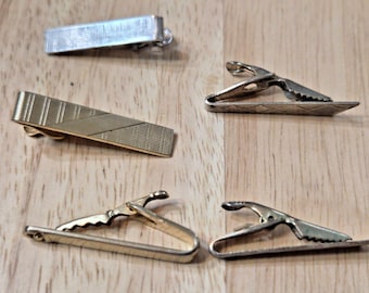 Vintage Set of Five (5)  Tie Clips Varied Metals Gold & Silver Toned Finishes