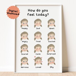 Póster educativo sobre sentimientos, póster Montessori, póster sobre emociones, arte mural para sala de juegos, imprimible, decoración de guardería, decoración de aula, Miss Gargots