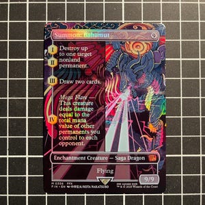 May include: A collectible card featuring a detailed illustration of a dragon with a vibrant color palette. The card includes text such as "Summon: Bahamut" and "Flying", along with game instructions. The card is a 9/9.