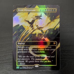 May include: A Magic: The Gathering card with a black background and gold accents. The card is titled "Eerie Ultimatum" and features a golden bird-like creature with a white background. The card text reads "Return any number of permanent cards with different names from your graveyard to the battlefield."