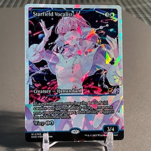 May include: A holographic trading card featuring the character "Starfield Vocalist." The card has a colorful illustration of a female figure with pink hair and a white outfit. The card also includes the text "Creature - Human Bard" and "Warp 00."