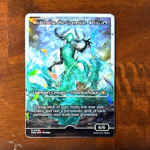 May include: A fantasy trading card featuring a green creature with a blue and white background. The card is titled "Muldrotha, the Gravetide" and has a power and toughness of 6/6. The card text reads "During each of your turns, you may play a land and cast a permanent spell of each permanent type from your graveyard."