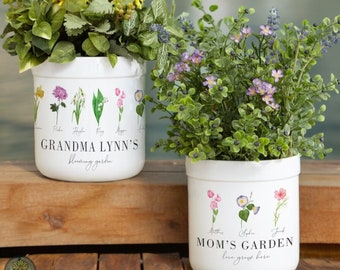 Fleur du mois de naissance Pot de fleurs extérieur personnalisé, cadeau personnalisé pour elle, cadeau de la fête des mères, cadeau pour grand-mère, pot de fleurs, plante de potier