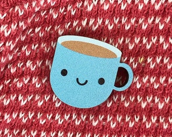 Blue Cup of Tea Kawaii Wooden Pin/Brooch