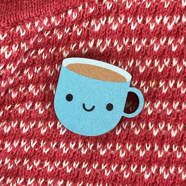 Épingle/broche en bois bleu tasse de thé kawaii