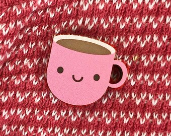 Pink Cup of Tea Kawaii Wooden Pin/Brooch
