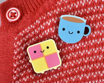 Kawaii Cup of Tea & Cake Wooden Pin/Brooch Set