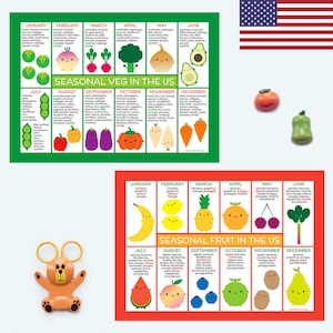 Tableaux/aimants sur les aliments saisonniers des États-Unis - Fruits et légumes kawaii