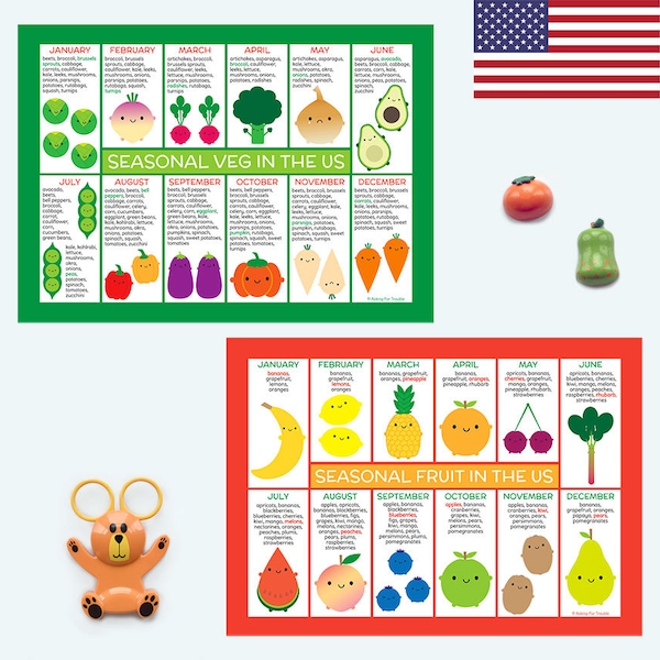 USA Saisonale Lebensmittel Charts / Magnete - Kawaii Obst & Gemüse