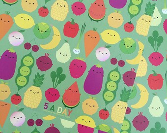 5 A Day Gift Wrap - 5 Sheets - Kawaii Fruit & Vegetables Wrapping Paper - For Vegans, Vegetarians, Gardeners