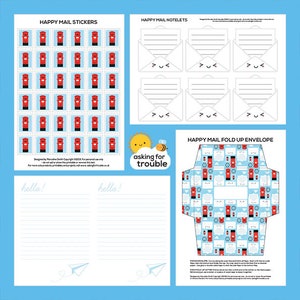 Juego de papelería Kawaii Happy Mail: PDF digital imprimible