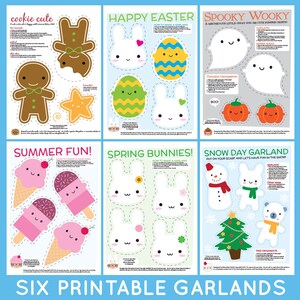 ZES Kawaii-afdrukbare slingers: Kerstmis, Halloween, Pasen, lente, zomer en winter