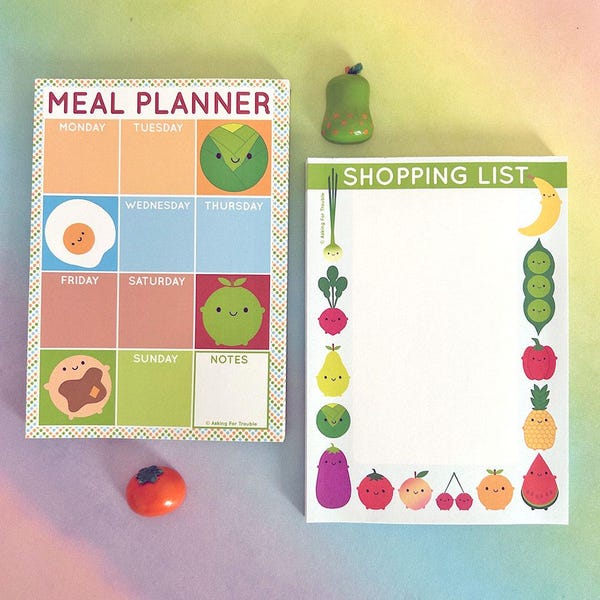 Kawaii Meal Planner & Shopping List - Set of 2 Magnetic Fridge Pads