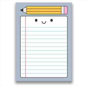 May include: A blue lined notepad with a yellow pencil and a smiling face. The notepad has a red line down the left side.